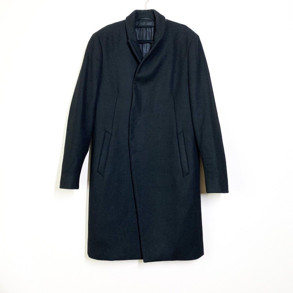 All Saints Sion Coat Men's 38 Medium Black Wool Blend Leather Accent Overcoat